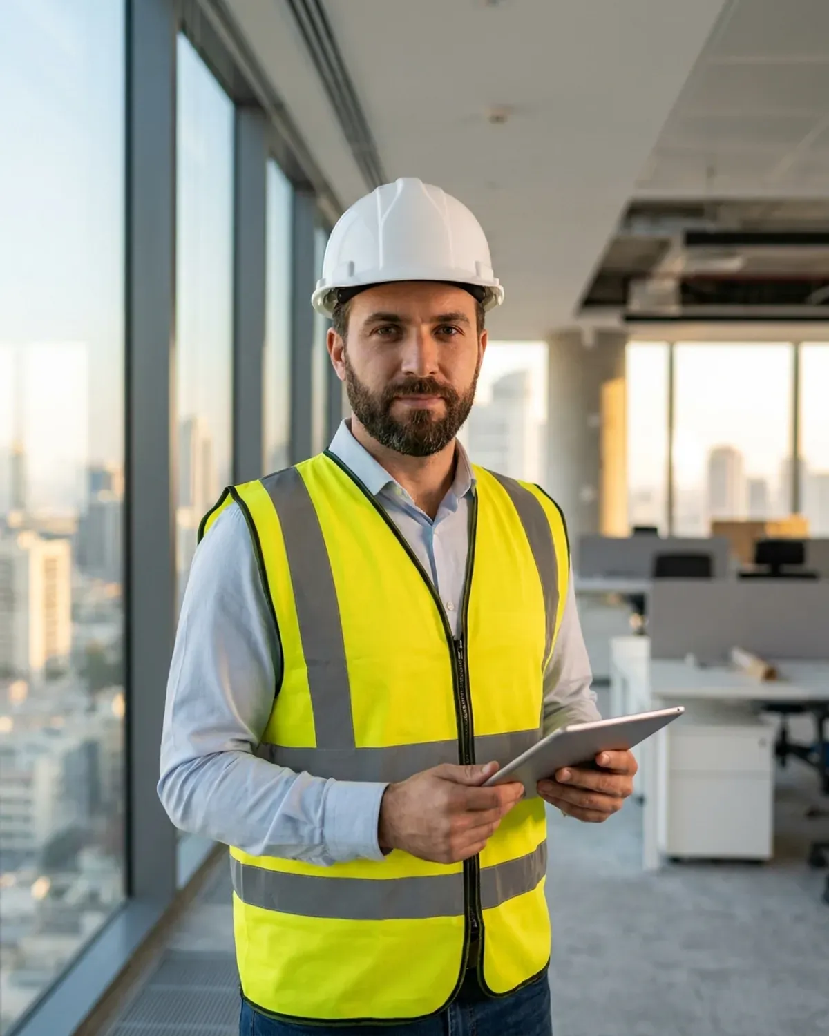 Commercial electrician with a tablet in a modern office interior