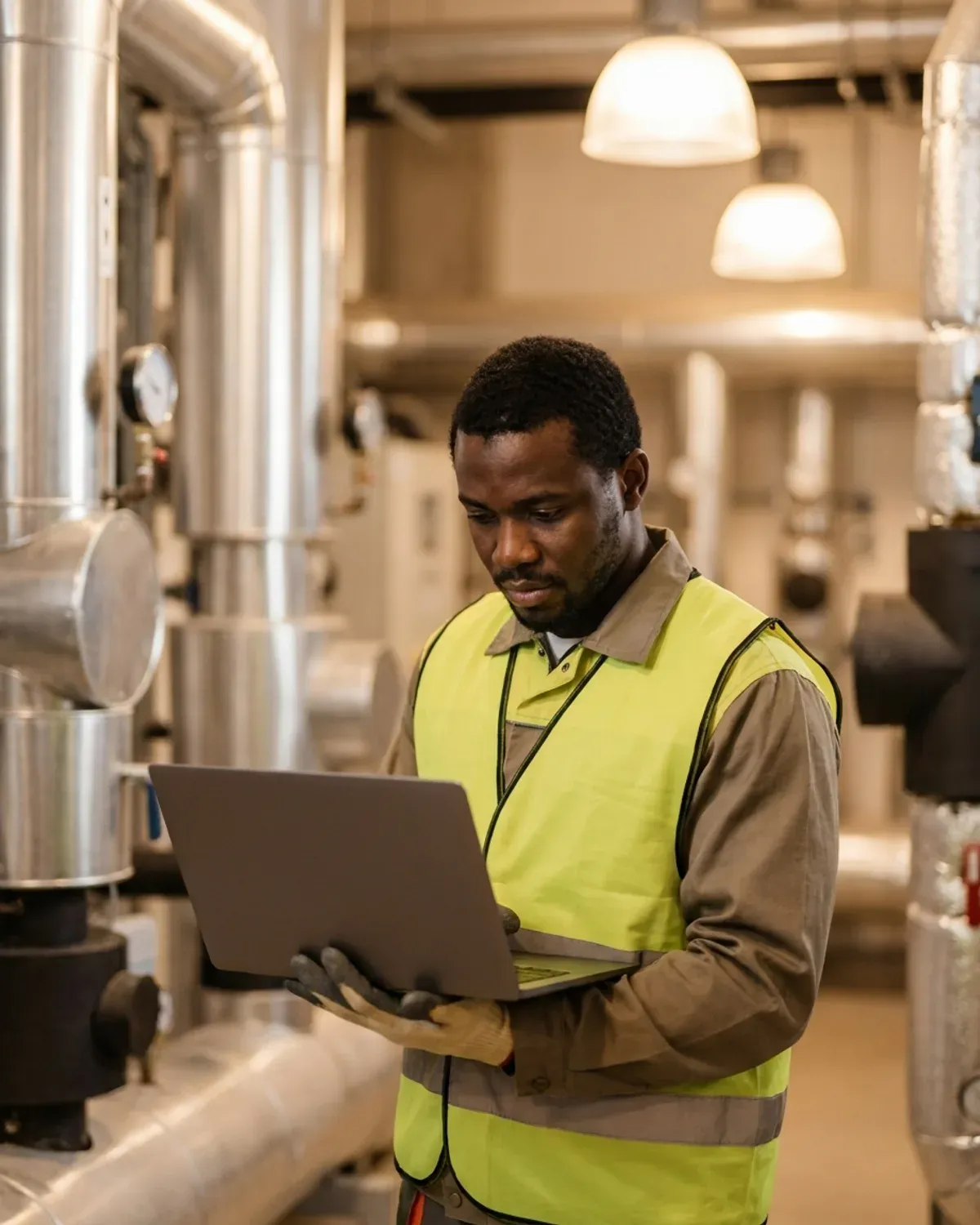 Electrical controls technician using a laptop in a building mechanical room