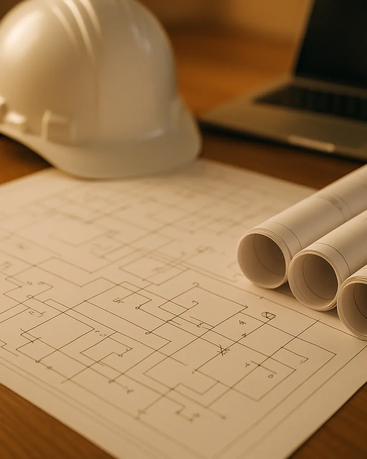 Electrical design build planning with schematic drawings and a hard hat