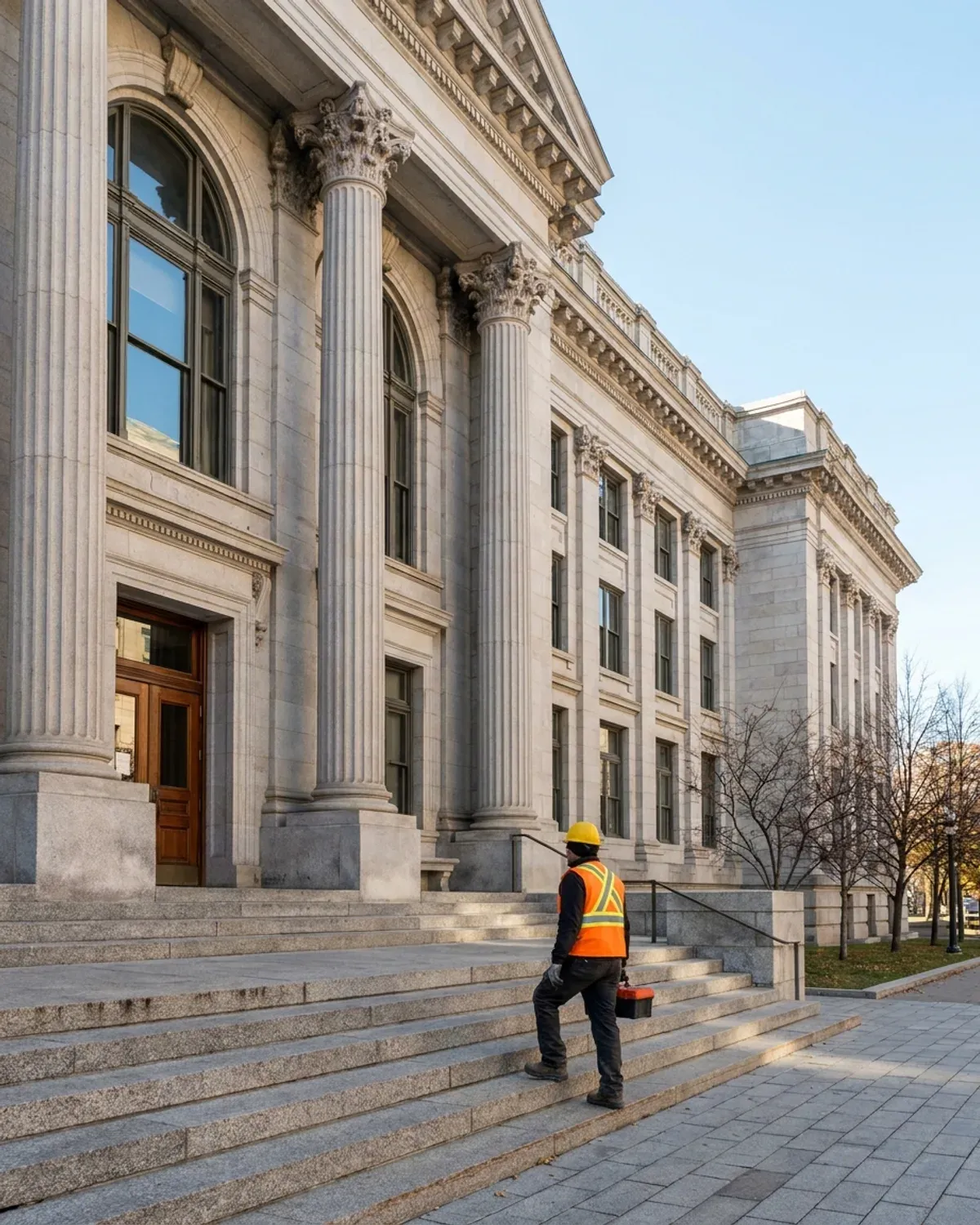 Worker entering a classic institutional government building
