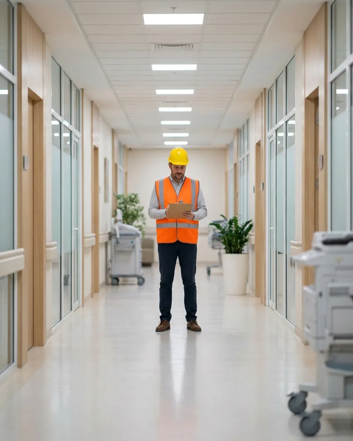 Worker reviewing plans in a clean modern medical clinic corridor