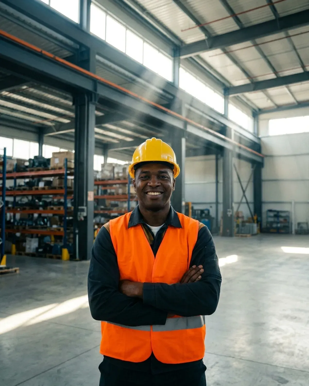 Electrician standing in a large modern industrial warehouse facility