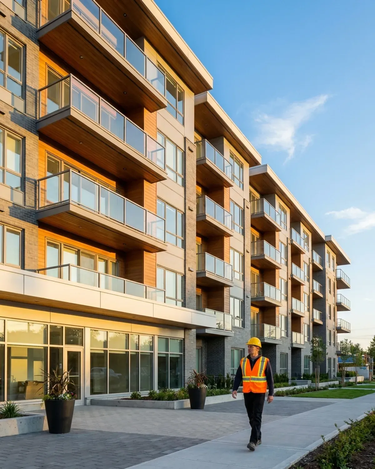 New modern multifamily apartment building with a worker on site