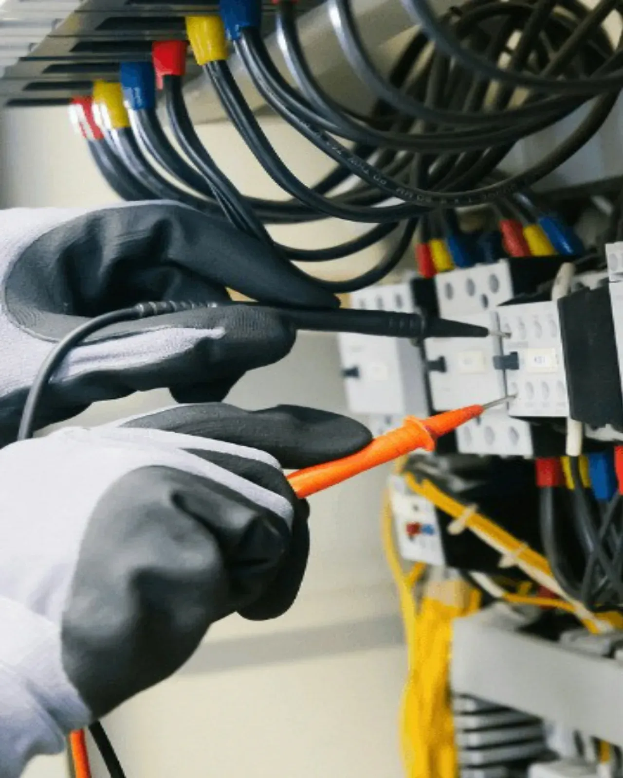 D&R Electric electrician testing an industrial control panel with a meter