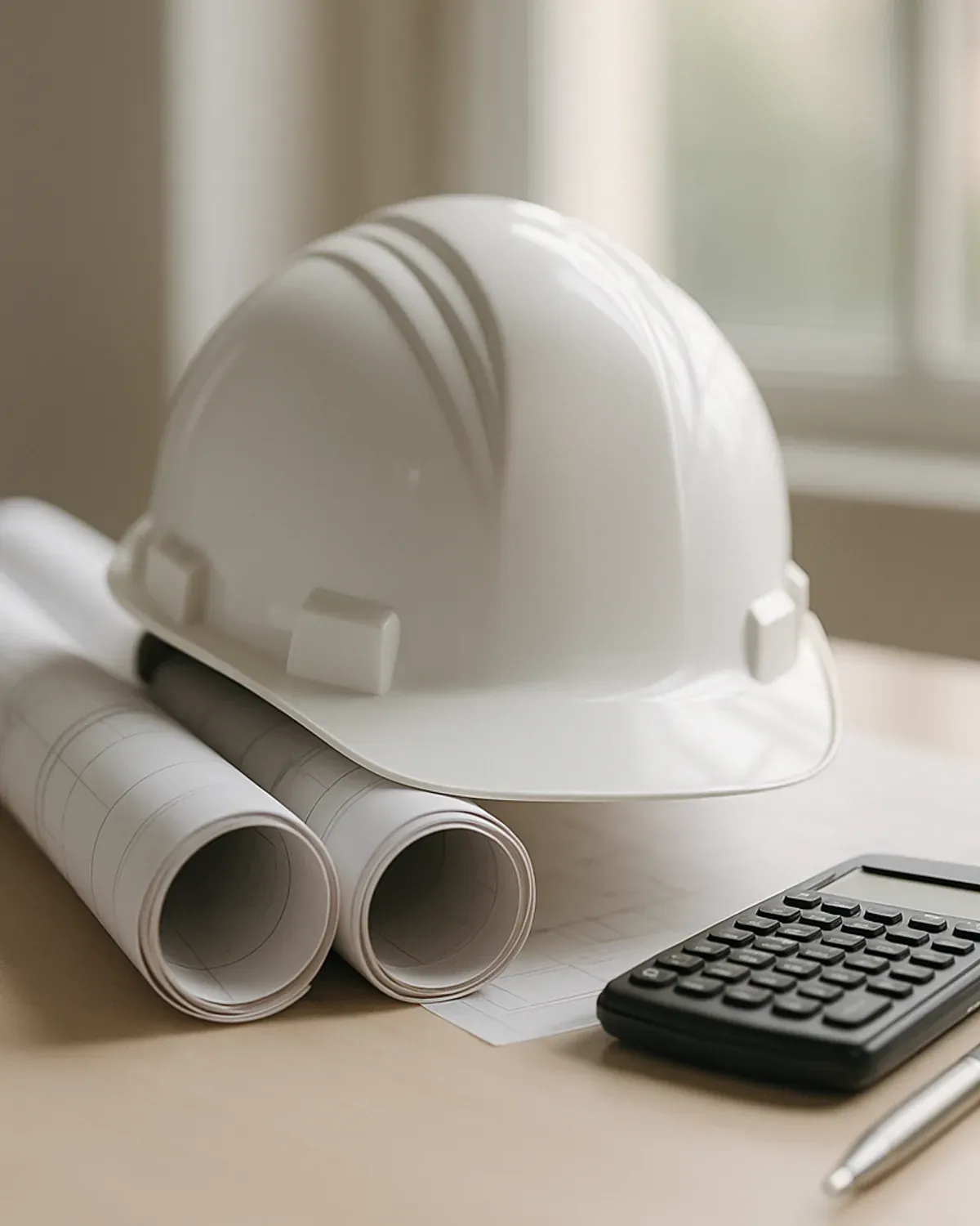 Preconstruction electrical estimating desk with hard hat and rolled blueprints